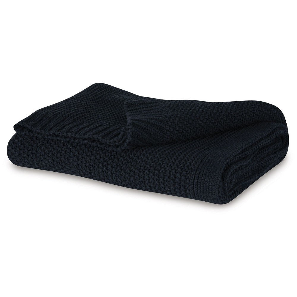 Benjara 70 x 54 Leri Throw Blanket, Set of 3, Machine Knitted Black Cotton