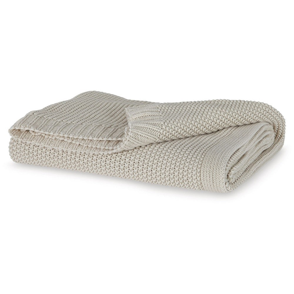 Benjara 70 x 54 Leri Throw Blanket, Set of 3, Machine Knitted Beige Cotton
