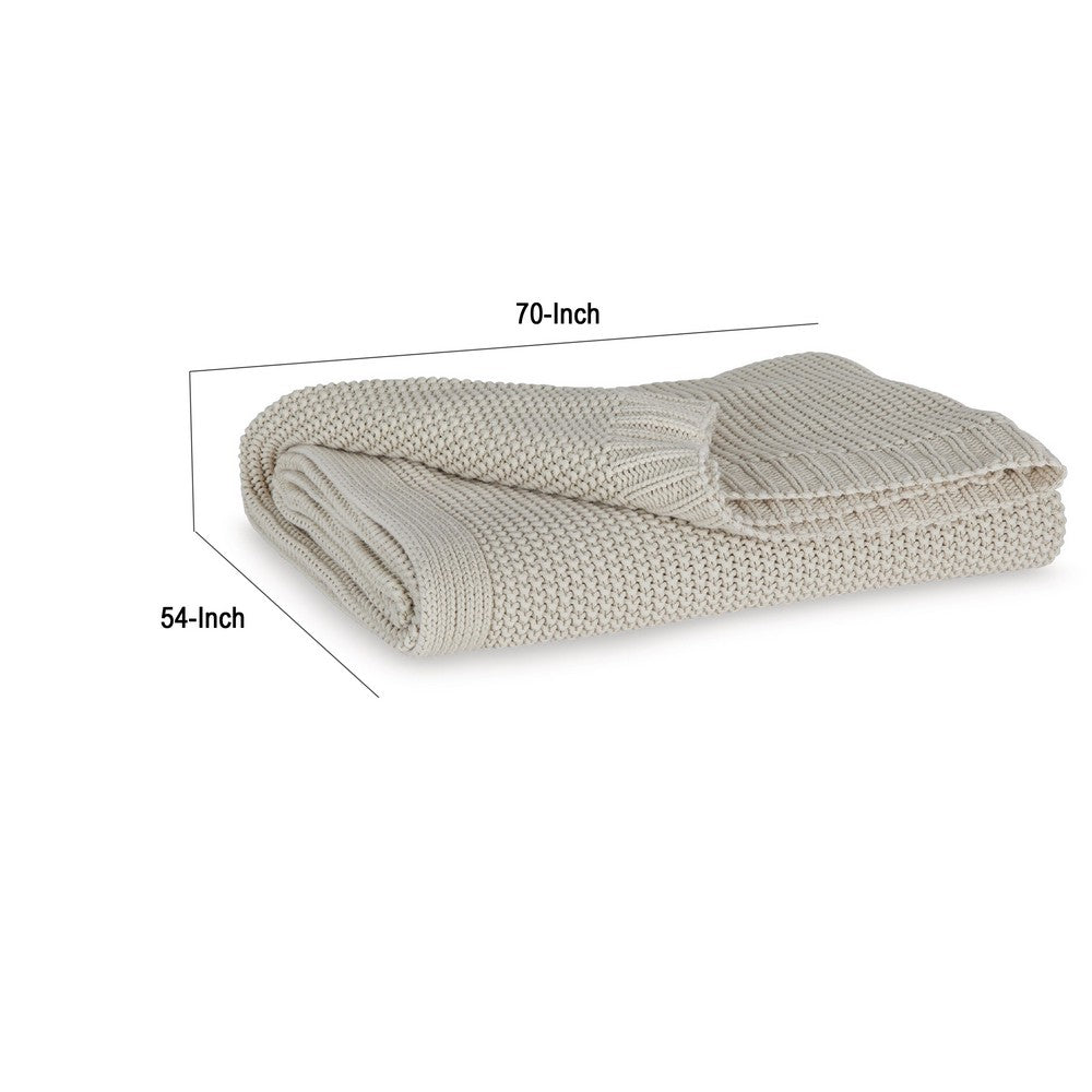 Benjara 70 x 54 Leri Throw Blanket, Set of 3, Machine Knitted Beige Cotton
