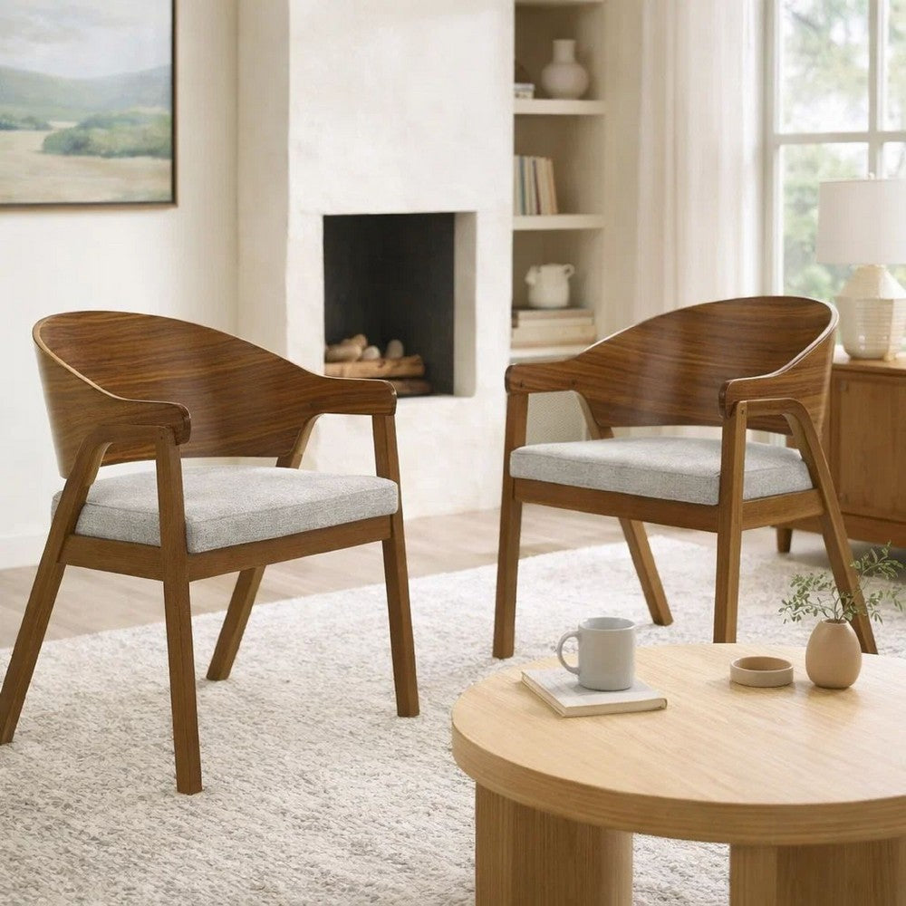 Benjara Lery Armchair Set of 2, Curved Walnut Brown Wood Back, Padded Seat