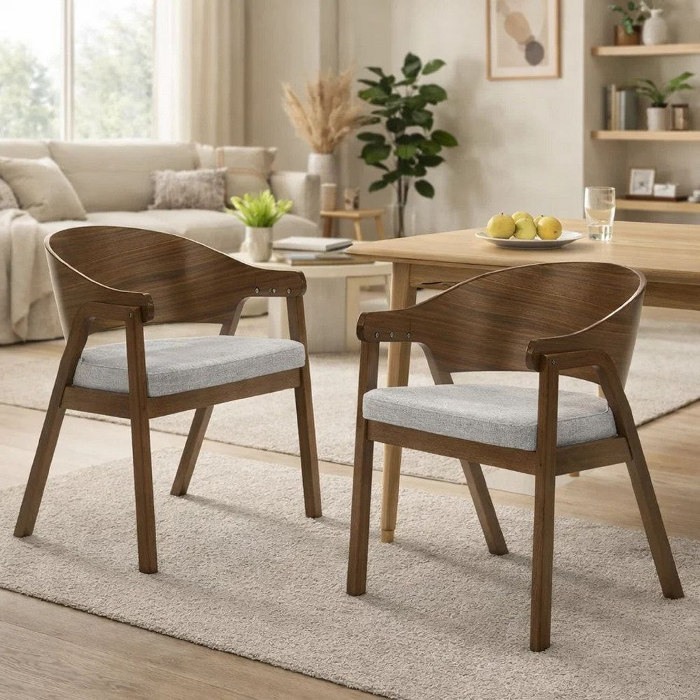 Benjara Lery Armchair Set of 2, Curved Walnut Brown Wood Back, Padded Seat