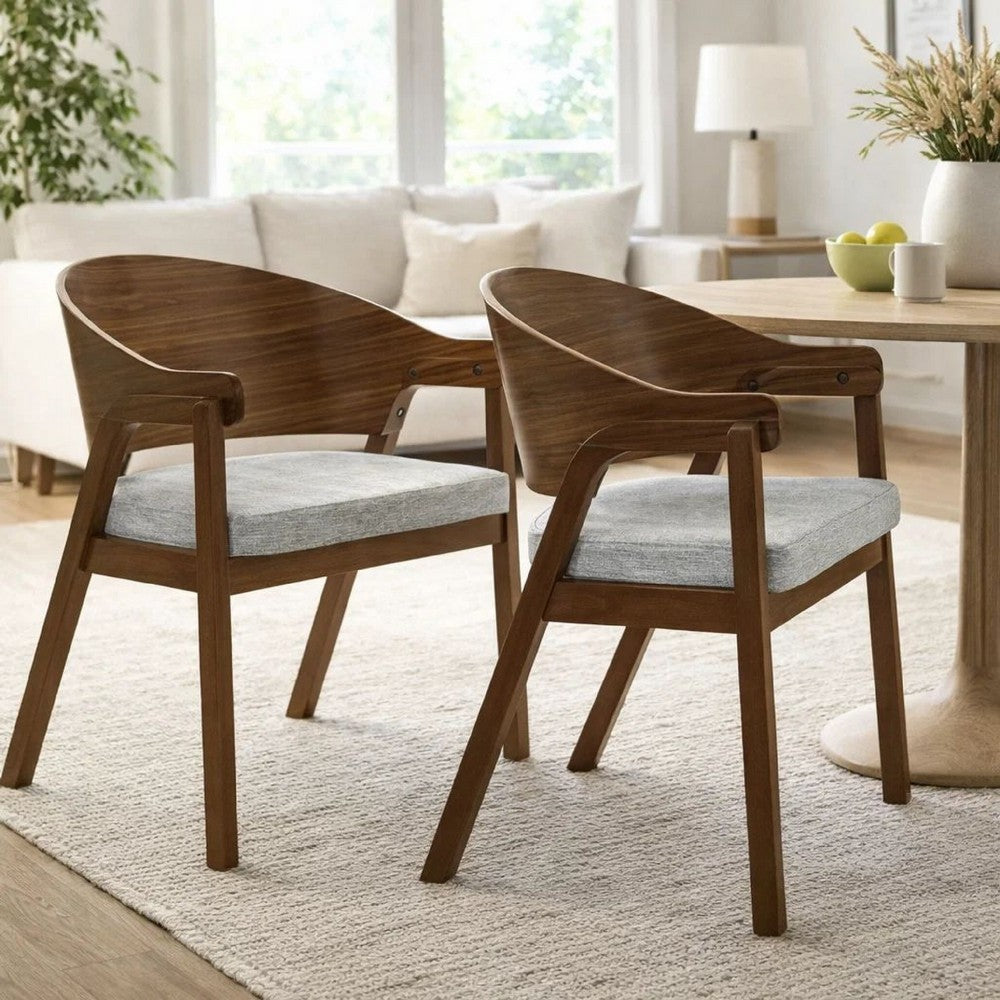 Benjara Lery Armchair Set of 2, Curved Walnut Brown Wood Back, Padded Seat