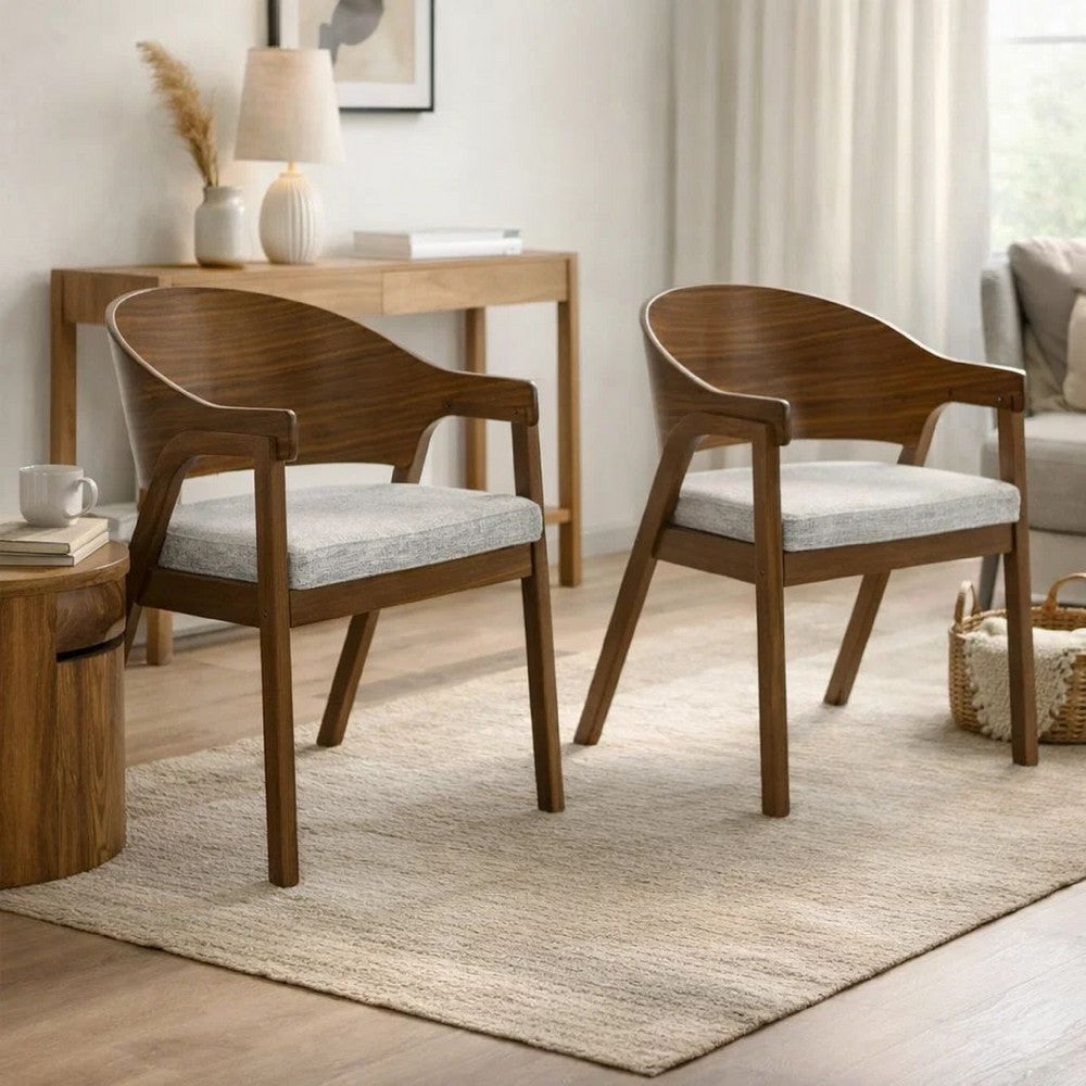 Benjara Lery Armchair Set of 2, Curved Walnut Brown Wood Back, Padded Seat