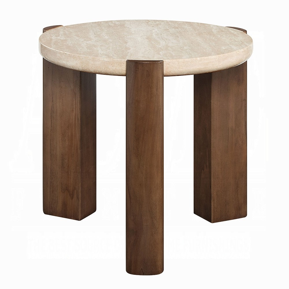 Benjara Hery Side End Table, 22 Inch Round Travertine Top, Dark Oak Brown Legs