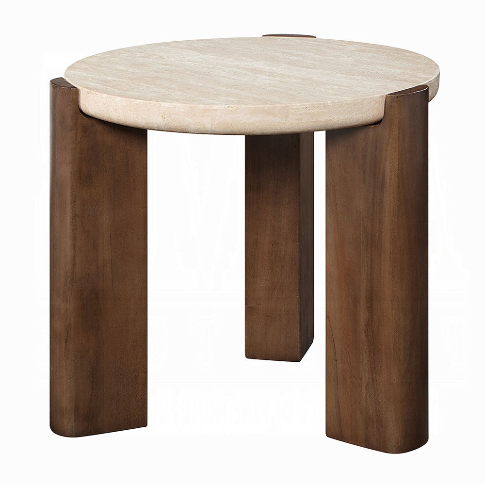 Benjara Hery Side End Table, 22 Inch Round Travertine Top, Dark Oak Brown Legs