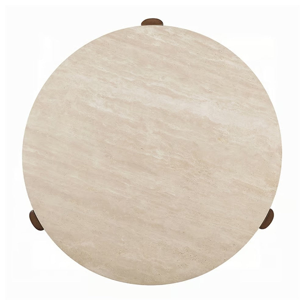 Benjara Hery Side End Table, 22 Inch Round Travertine Top, Dark Oak Brown Legs