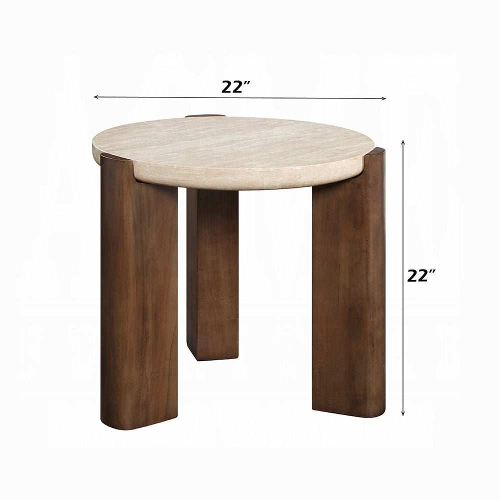 Benjara Hery Side End Table, 22 Inch Round Travertine Top, Dark Oak Brown Legs