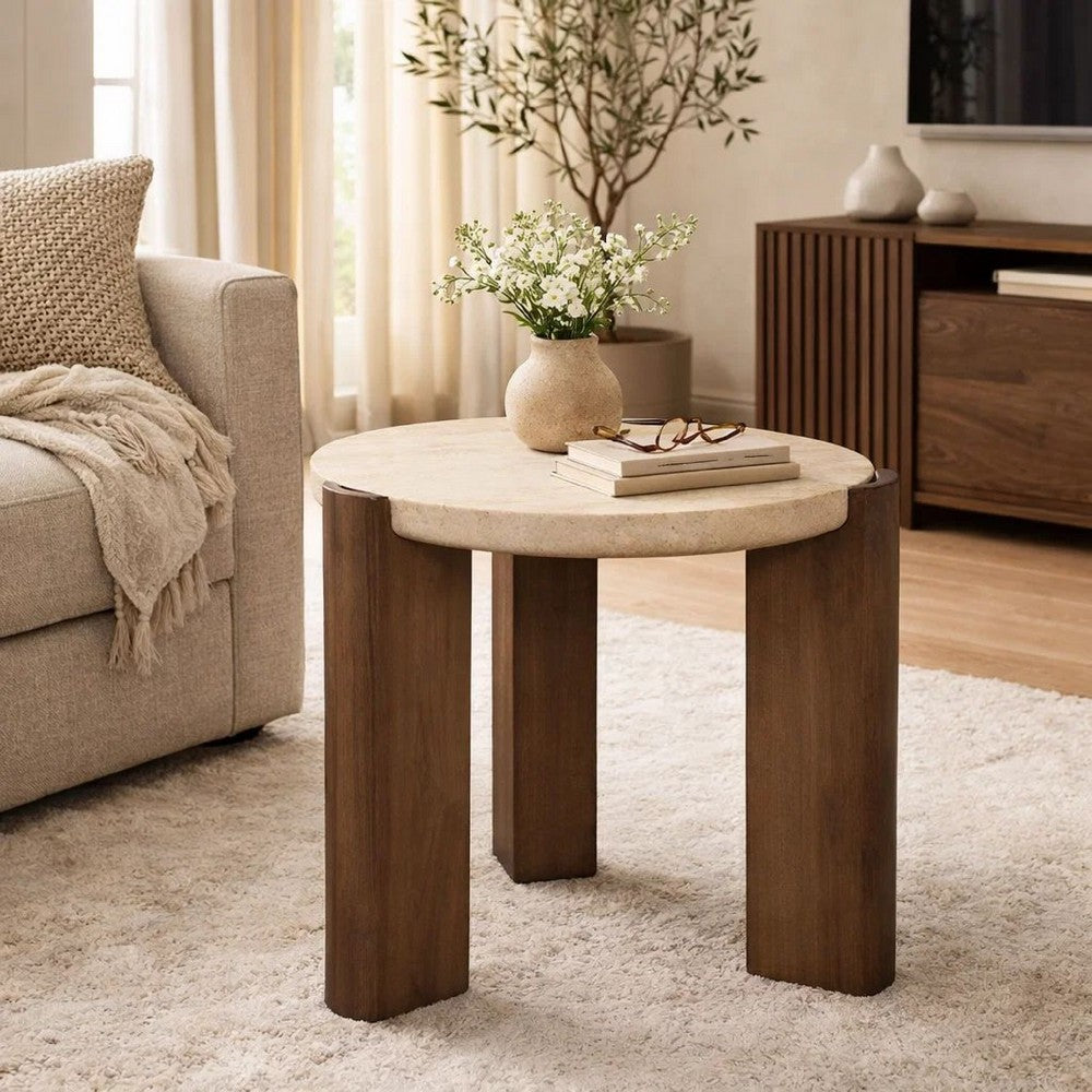 Benjara Hery Side End Table, 22 Inch Round Travertine Top, Dark Oak Brown Legs