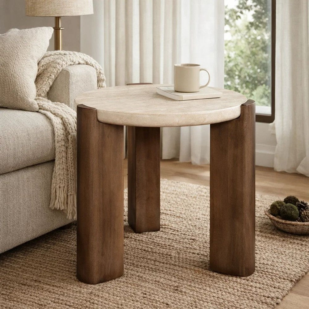 Benjara Hery Side End Table, 22 Inch Round Travertine Top, Dark Oak Brown Legs
