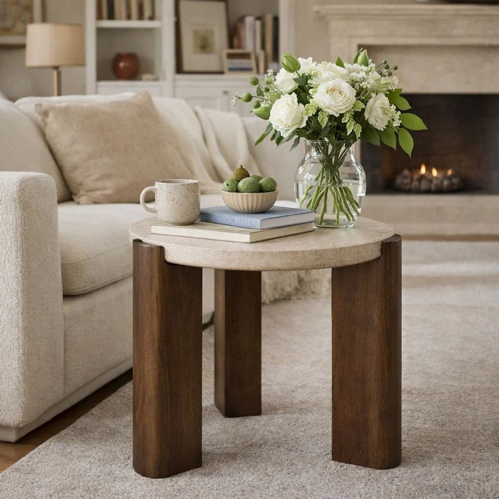 Benjara Hery Side End Table, 22 Inch Round Travertine Top, Dark Oak Brown Legs