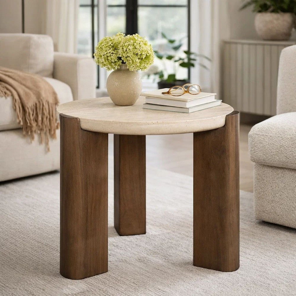 Benjara Hery Side End Table, 22 Inch Round Travertine Top, Dark Oak Brown Legs