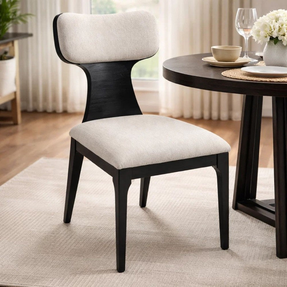 Benjara Kiri Dining Side Chair Set of 2, White Chenille Seat, Black Wood Legs