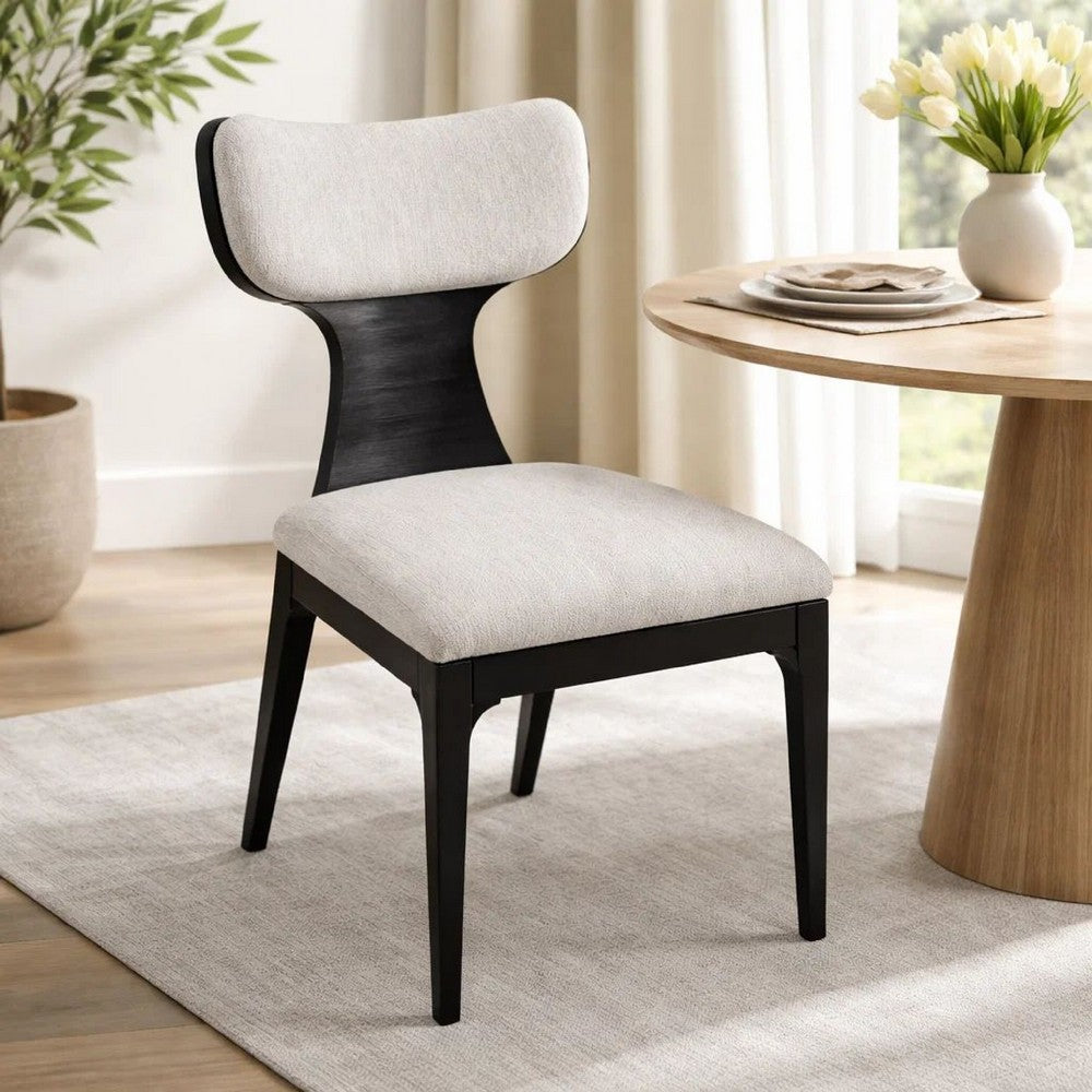 Benjara Kiri Dining Side Chair Set of 2, White Chenille Seat, Black Wood Legs