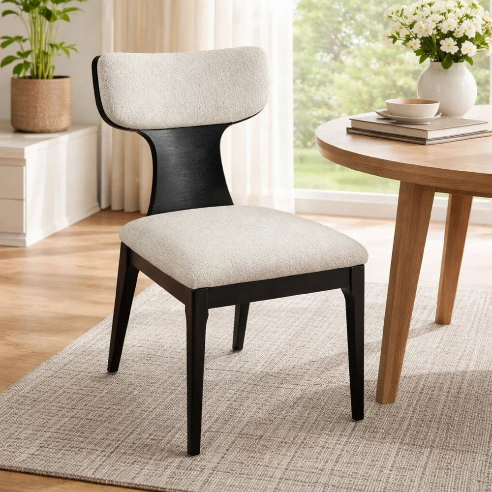 Benjara Kiri Dining Side Chair Set of 2, White Chenille Seat, Black Wood Legs