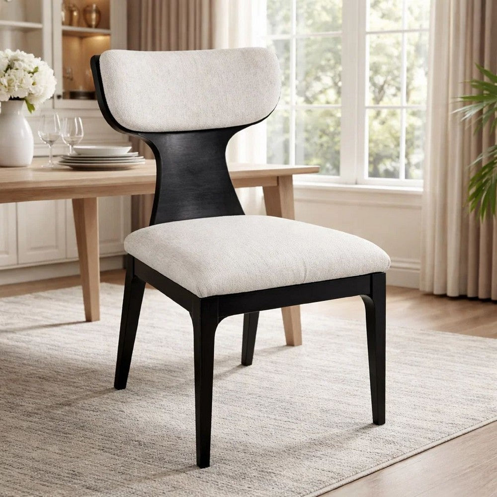 Benjara Kiri Dining Side Chair Set of 2, White Chenille Seat, Black Wood Legs