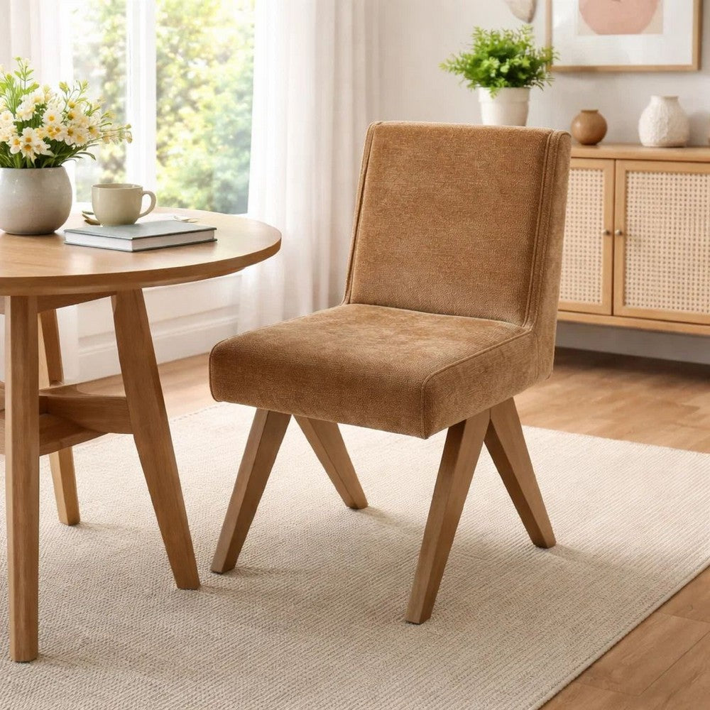 Benjara Sery Dining Side Chair Set of 2, Chocolate Brown Chenille, Wood Legs