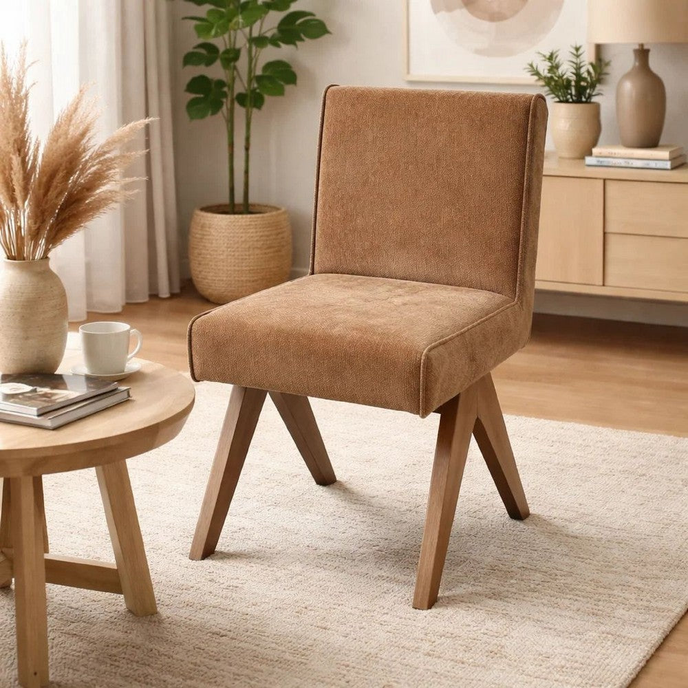 Benjara Sery Dining Side Chair Set of 2, Chocolate Brown Chenille, Wood Legs
