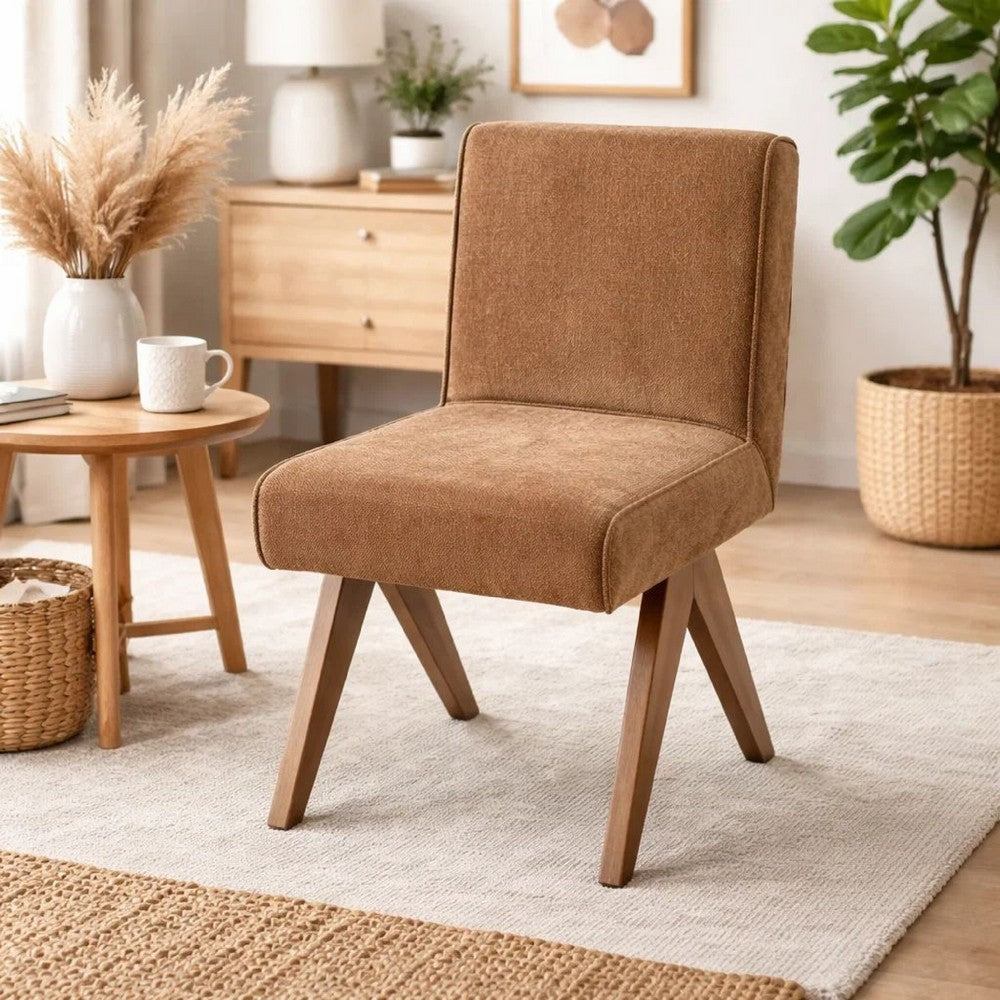 Benjara Sery Dining Side Chair Set of 2, Chocolate Brown Chenille, Wood Legs