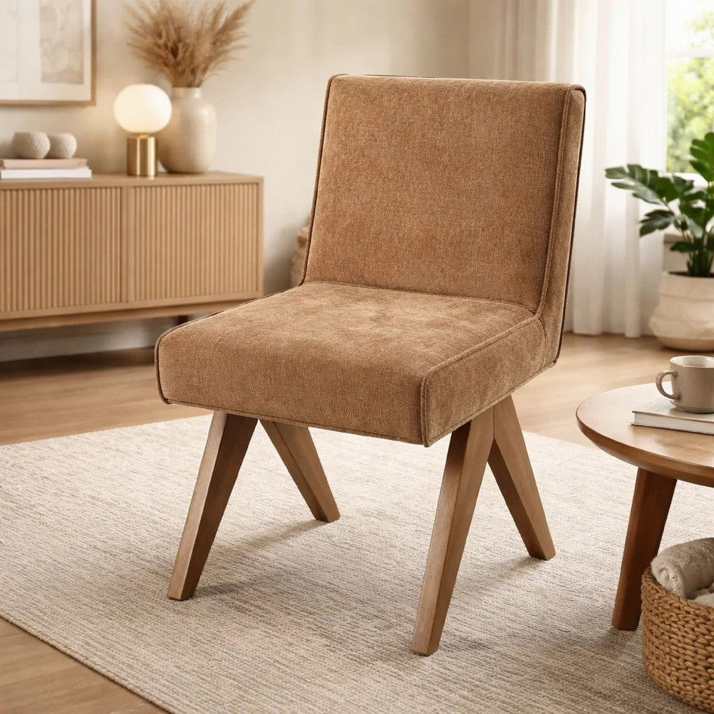 Benjara Sery Dining Side Chair Set of 2, Chocolate Brown Chenille, Wood Legs