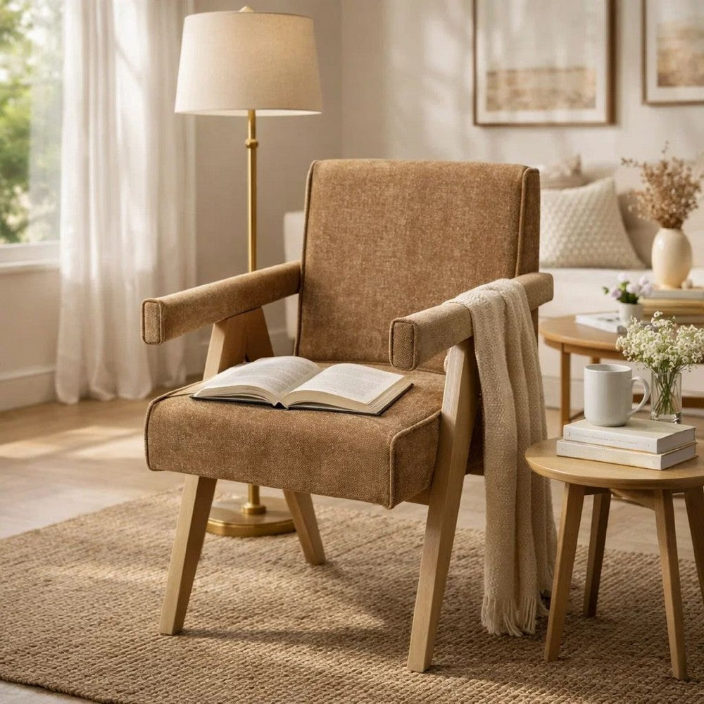 Benjara Sery Armchair Set of 2, Chocolate Brown Chenille Seat, Wood Legs