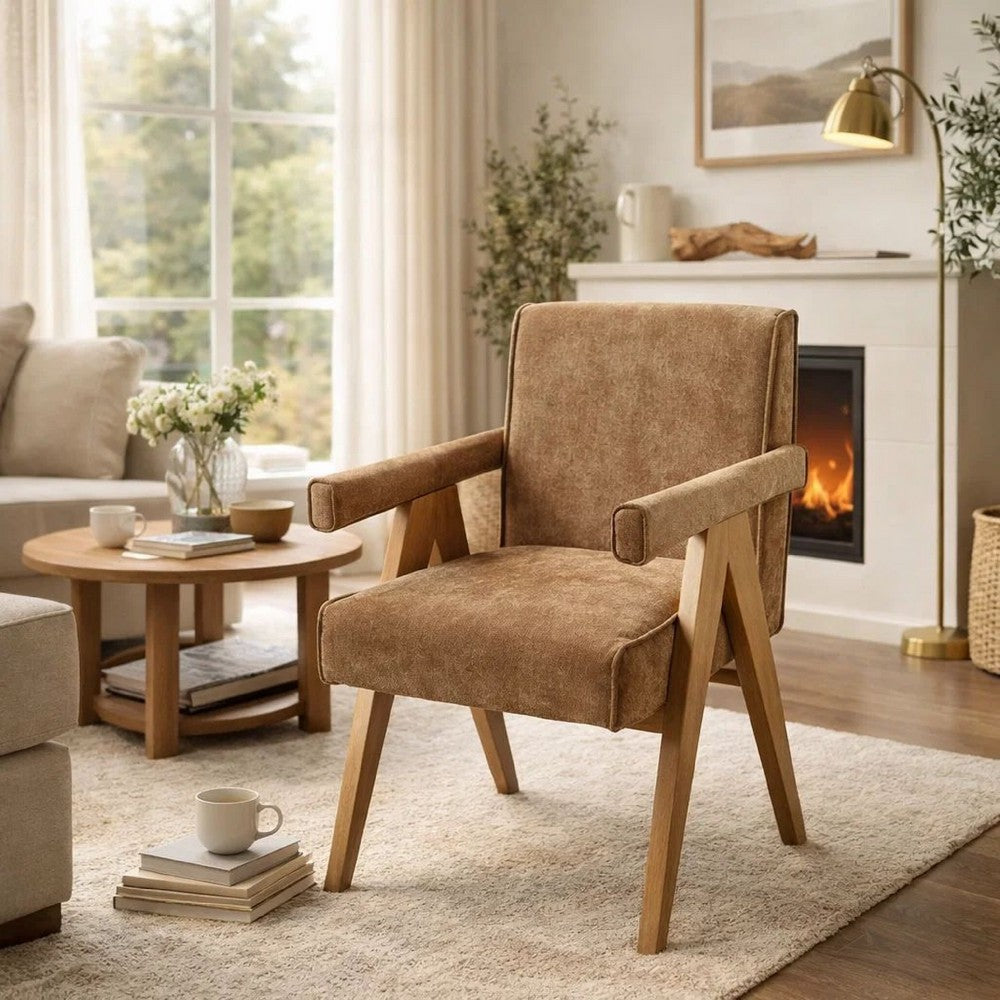 Benjara Sery Armchair Set of 2, Chocolate Brown Chenille Seat, Wood Legs