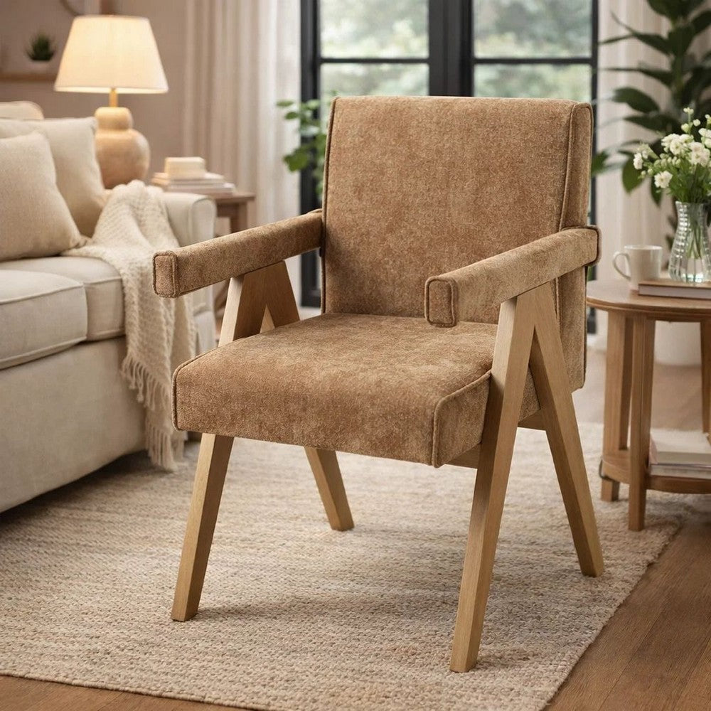 Benjara Sery Armchair Set of 2, Chocolate Brown Chenille Seat, Wood Legs