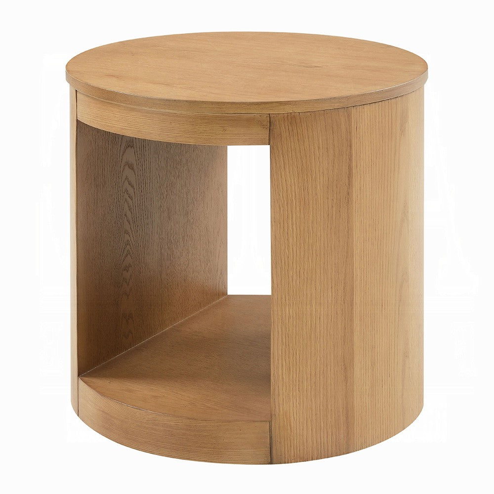 Benjara Sery Side End Table, 22 Inch Round Top with Open Lower Shelf, Oak Brown
