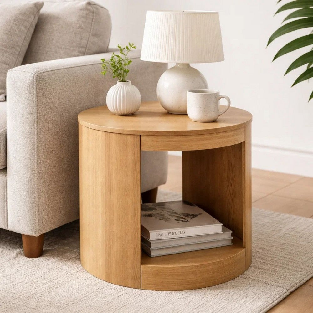 Benjara Sery Side End Table, 22 Inch Round Top with Open Lower Shelf, Oak Brown