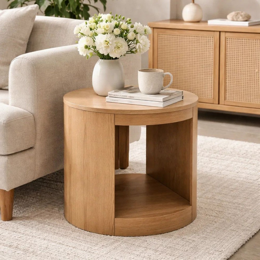 Benjara Sery Side End Table, 22 Inch Round Top with Open Lower Shelf, Oak Brown