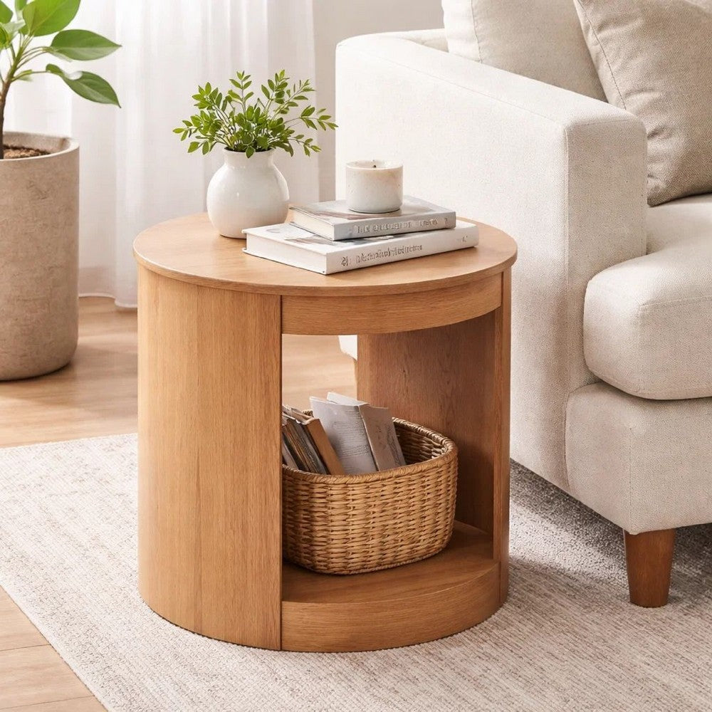 Benjara Sery Side End Table, 22 Inch Round Top with Open Lower Shelf, Oak Brown