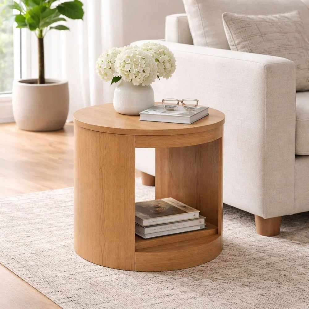 Benjara Sery Side End Table, 22 Inch Round Top with Open Lower Shelf, Oak Brown