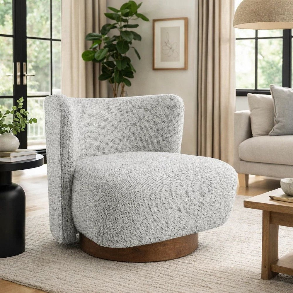 Benjara Sely Contemporary Accent Chair, Gray Tweed Fabric Curved Back, Round Base
