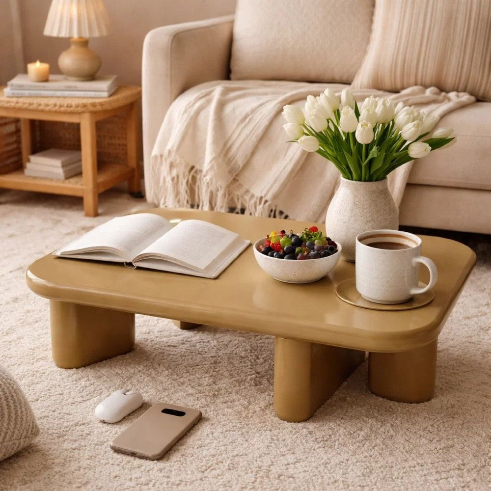 Benjara Jeny Coffee Table, 35 Inch Square Top with Rounded Corners, Yellow Brown