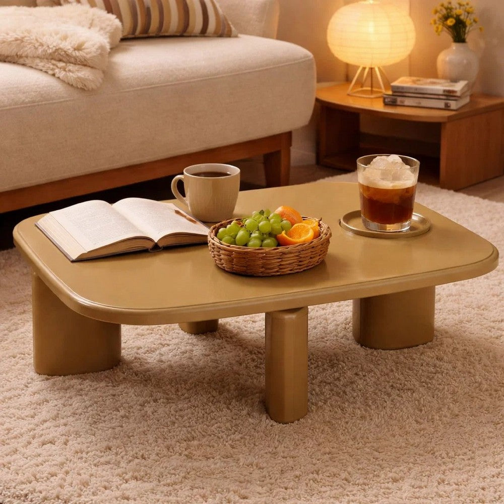 Benjara Jeny Coffee Table, 35 Inch Square Top with Rounded Corners, Yellow Brown
