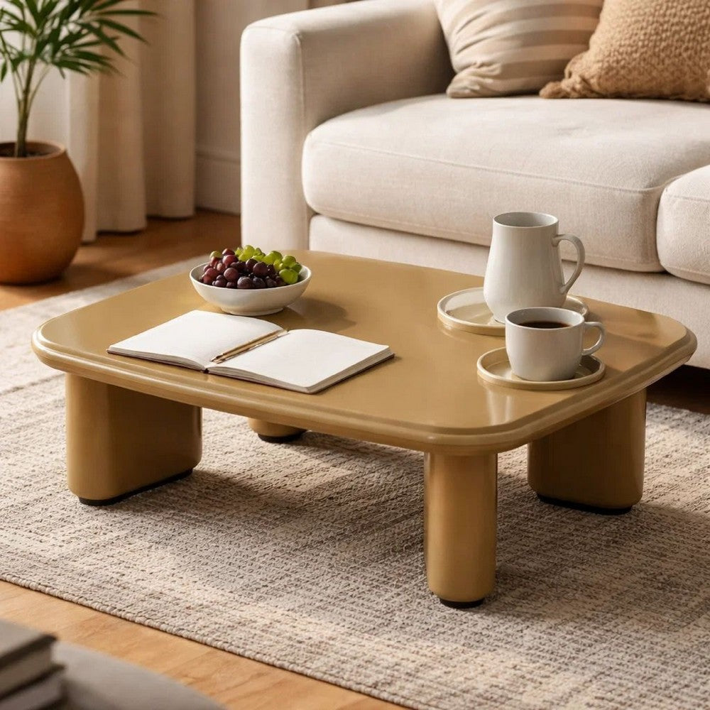 Benjara Jeny Coffee Table, 35 Inch Square Top with Rounded Corners, Yellow Brown