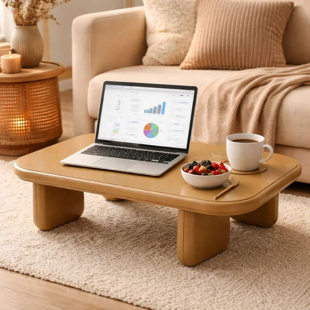 Benjara Jeny Coffee Table, 35 Inch Square Top with Rounded Corners, Yellow Brown