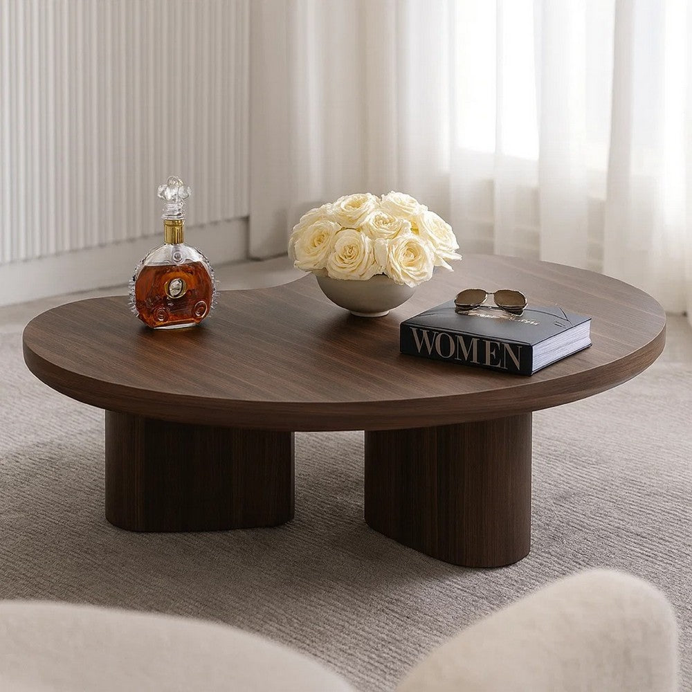 Benjara Yex Coffee Table, 35 Inch Curved Top with Pedestal Legs, Smoked Oak Brown
