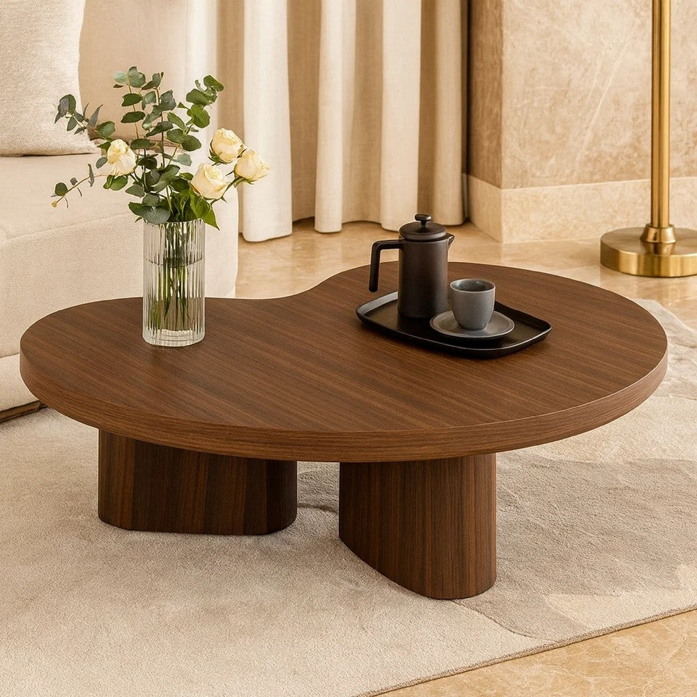 Benjara Yex Coffee Table, 35 Inch Curved Top with Pedestal Legs, Smoked Oak Brown