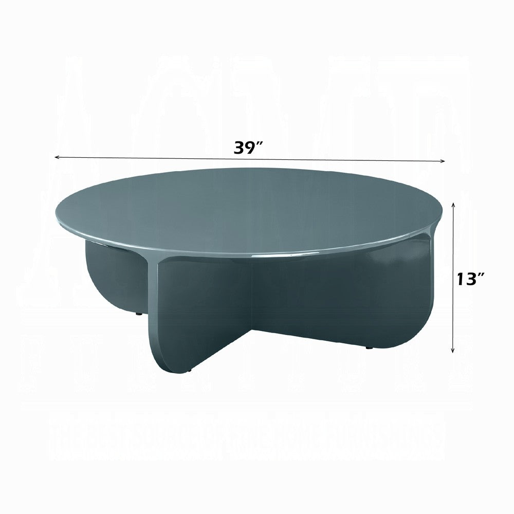 Benjara Lemy Coffee Table. 39 Inch Round Top with Pedestal Base, Teal Blue Wood
