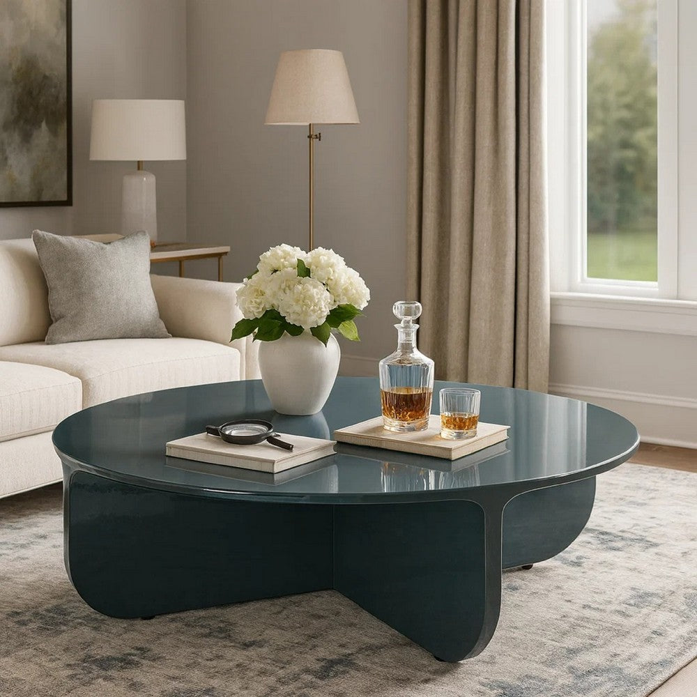 Benjara Lemy Coffee Table. 39 Inch Round Top with Pedestal Base, Teal Blue Wood