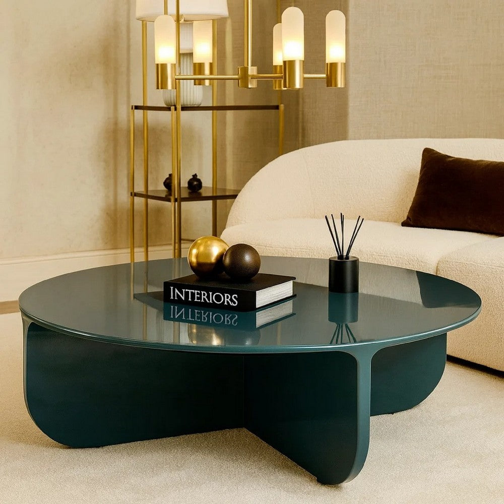 Benjara Lemy Coffee Table. 39 Inch Round Top with Pedestal Base, Teal Blue Wood