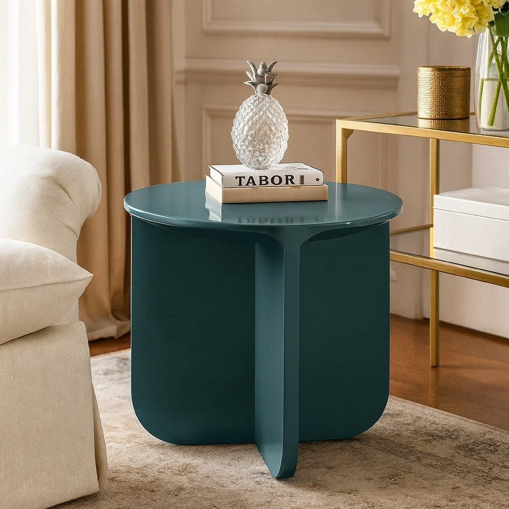 Benjara Lemy Side End Table. 20 Inch Round Top with Pedestal Base, Teal Blue Wood