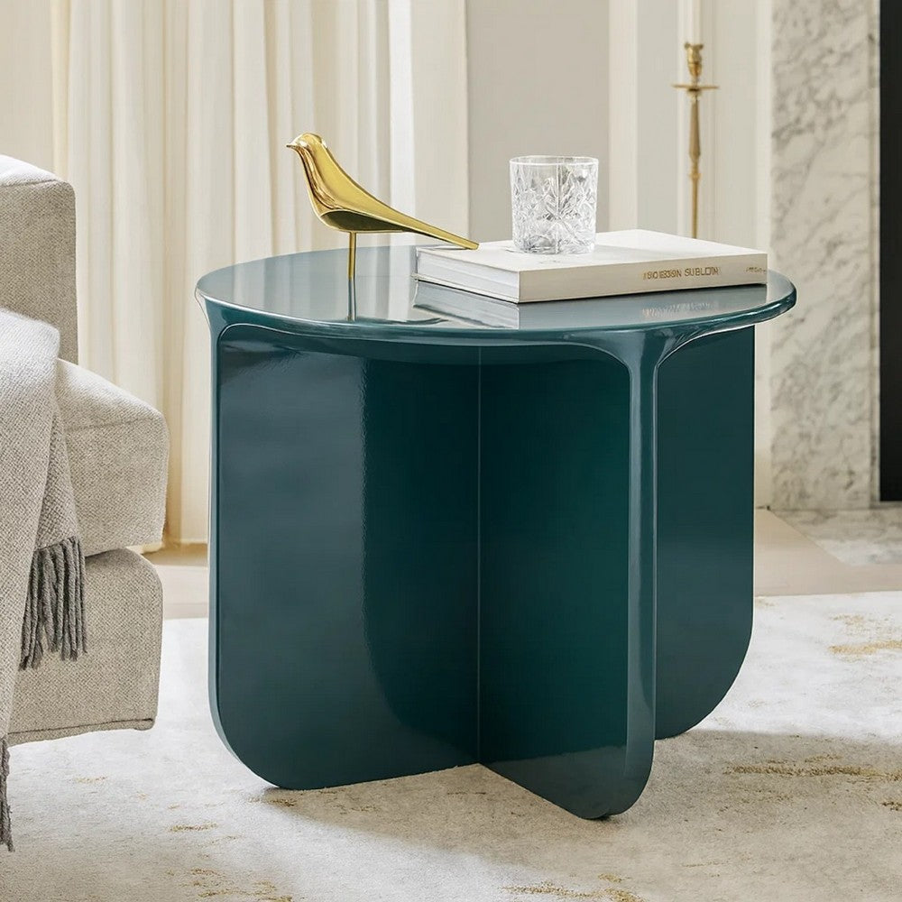Benjara Lemy Side End Table. 20 Inch Round Top with Pedestal Base, Teal Blue Wood