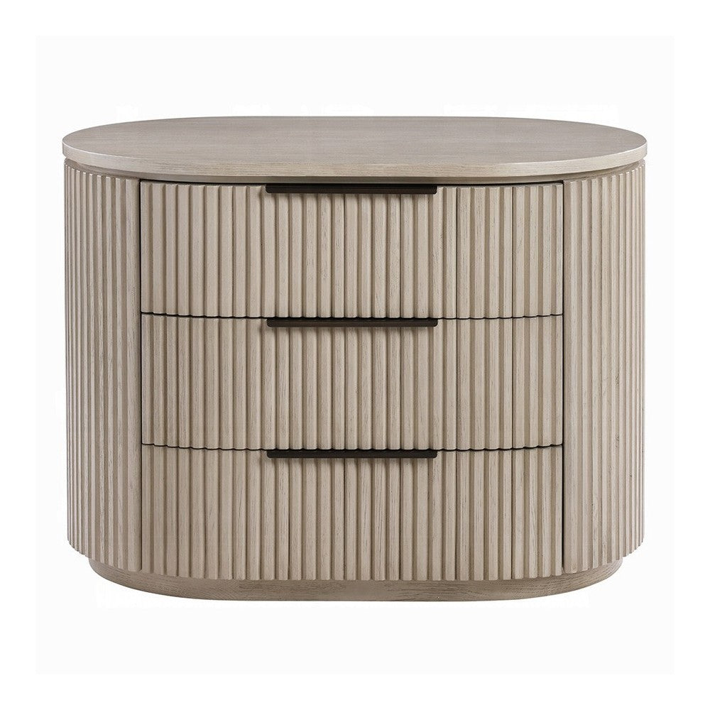 Benjara Dery Nightstand with USB Ports, 3 Ribbed Front Drawers, Light Oak Brown
