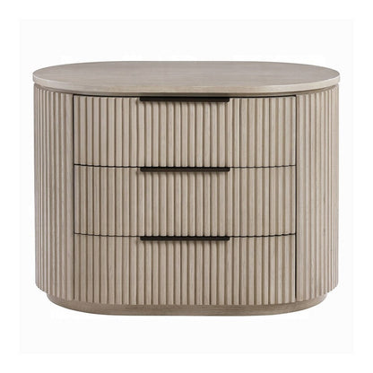 Benjara Dery Nightstand with USB Ports, 3 Ribbed Front Drawers, Light Oak Brown
