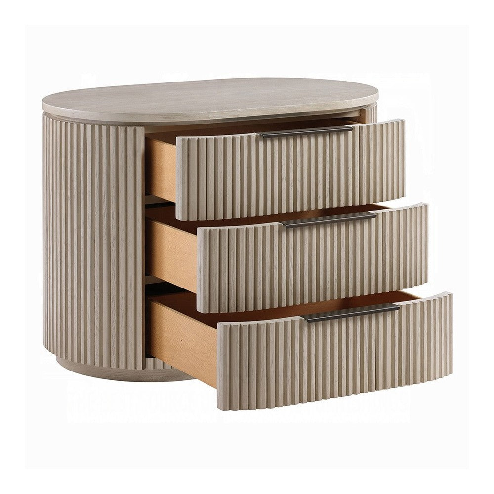 Benjara Dery Nightstand with USB Ports, 3 Ribbed Front Drawers, Light Oak Brown
