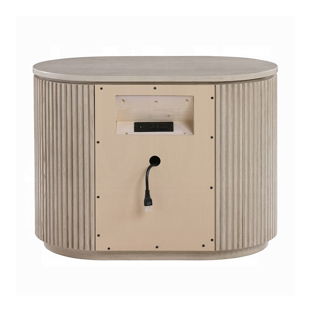 Benjara Dery Nightstand with USB Ports, 3 Ribbed Front Drawers, Light Oak Brown