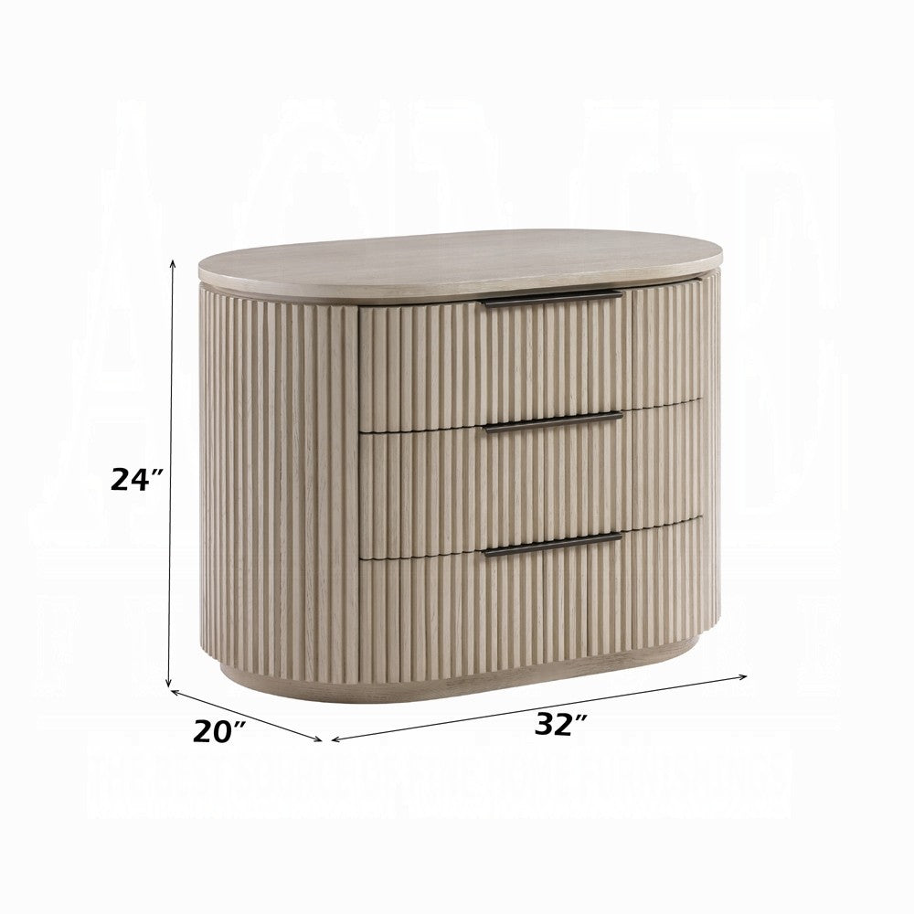 Benjara Dery Nightstand with USB Ports, 3 Ribbed Front Drawers, Light Oak Brown
