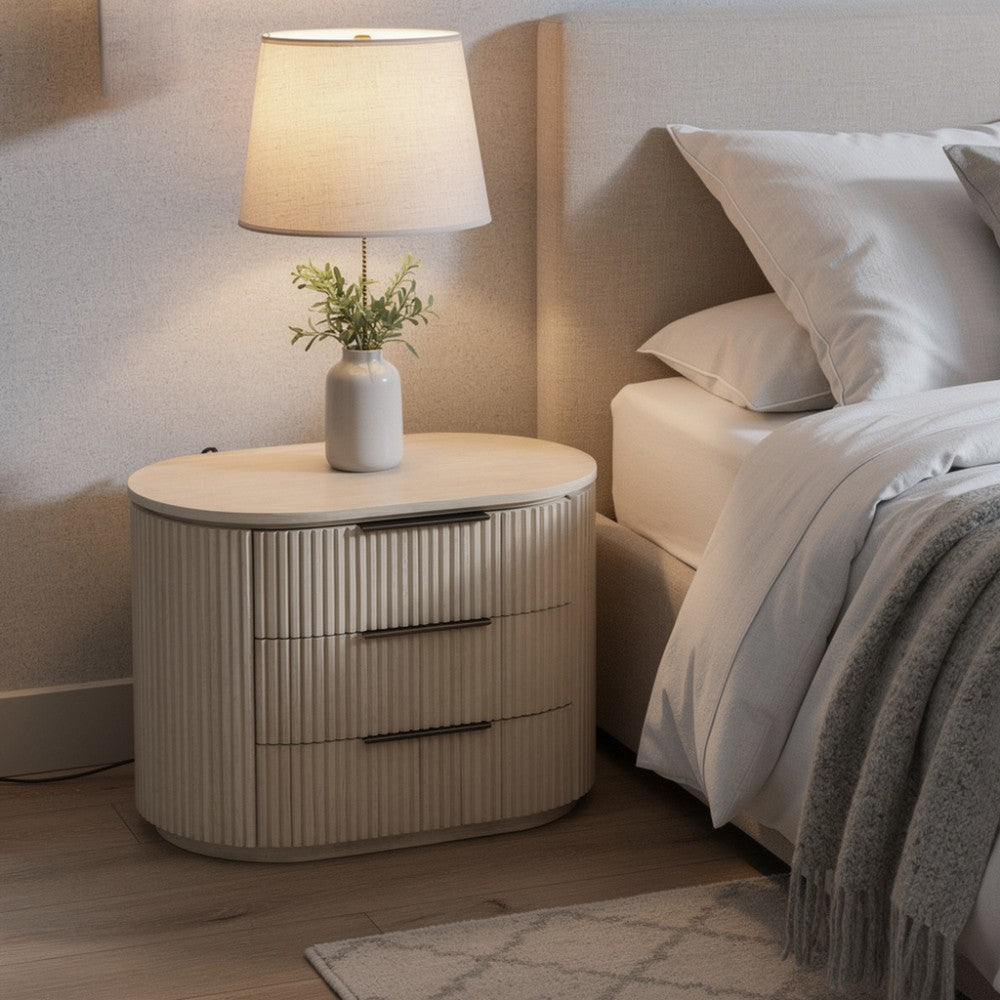 Benjara Dery Nightstand with USB Ports, 3 Ribbed Front Drawers, Light Oak Brown