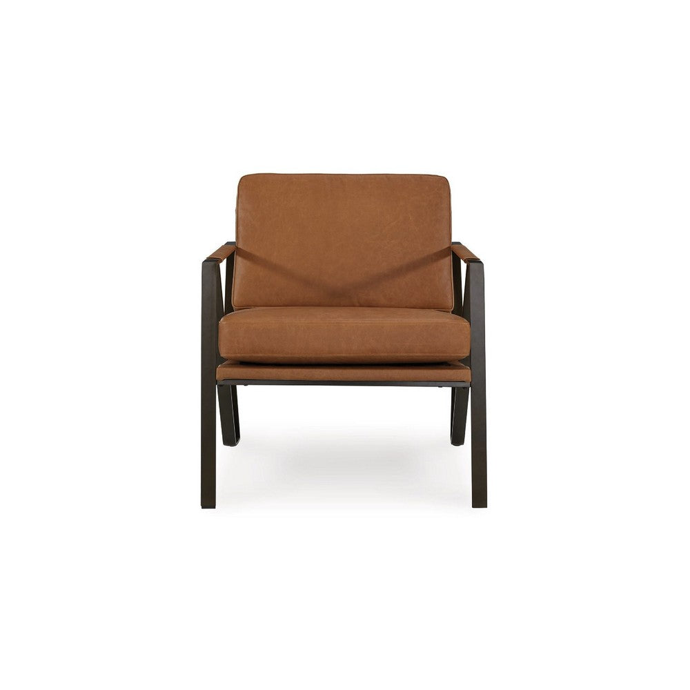 Benjara Gery Accent Chair, Caramel Brown Top Grain Leather, Bronze Metal Frame